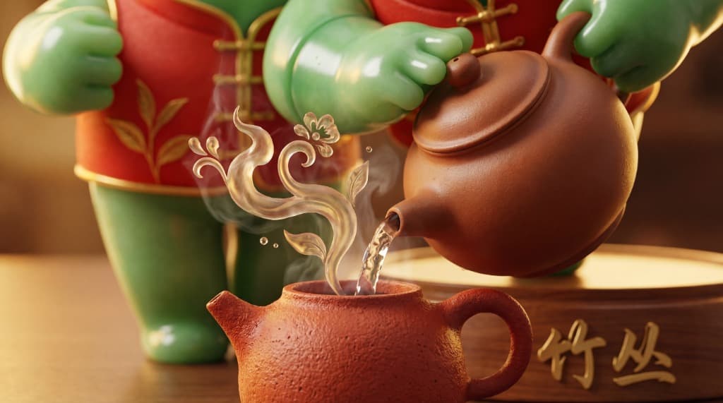 Macro shot of mascot pouring tea
